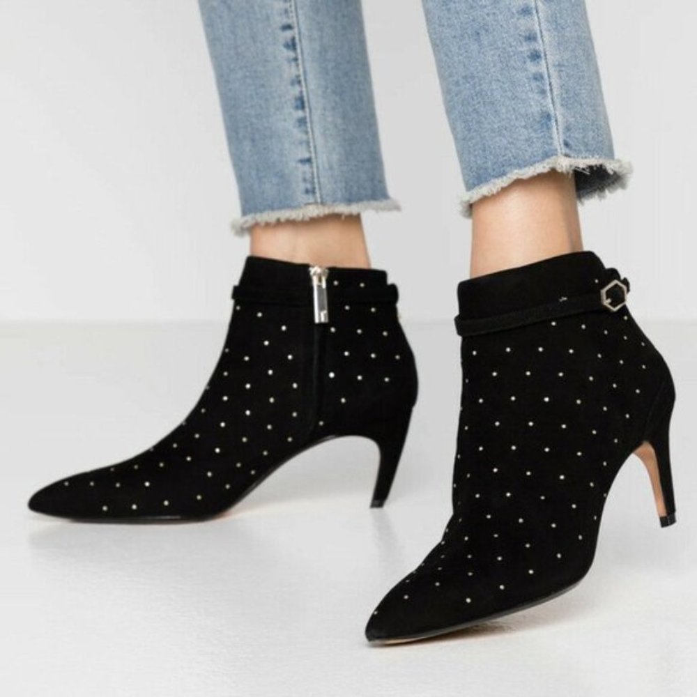 NEW TED BAKER Black Stud Heeled Bootie Curvad Pointed Toe Zip Ankle Strap